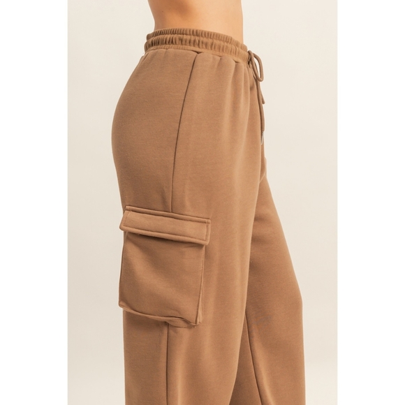 Mocha Cotton Terry Wide Leg Cargo Sweatpants - Picture 3 of 5